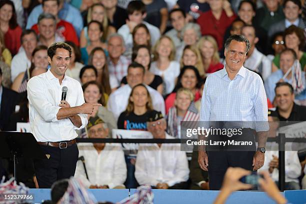 Republican presidential candidate Mitt Romney and his son Craig Romney attend Juntos Con Romney Rally at Miami-Dade County Fair and Exhibition on...