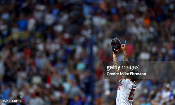 Raisel Iglesias of the Atlanta Braves celebrates winning a game against the Tampa Bay Rays at Tropicana Field on July 07, 2023 in St Petersburg,...