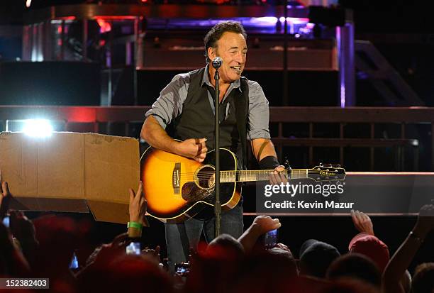 Bruce Springsteen and The E Street Band perform during the "Wrecking Ball" tour at MetLife Stadium on September 19, 2012 in East Rutherford, New...