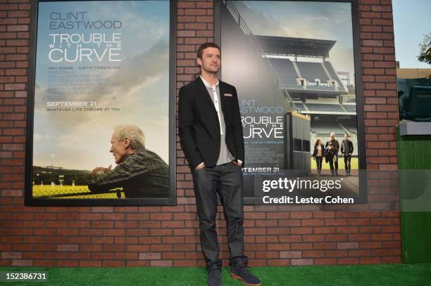 Actor Justin Timberlake arrives at Warner Bros. Pictures' "Trouble With The Curve" premiere at Regency Village Theatre on September 19, 2012 in...