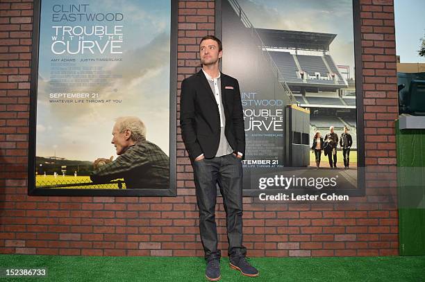 Actor Justin Timberlake arrives at Warner Bros. Pictures' "Trouble With The Curve" premiere at Regency Village Theatre on September 19, 2012 in...