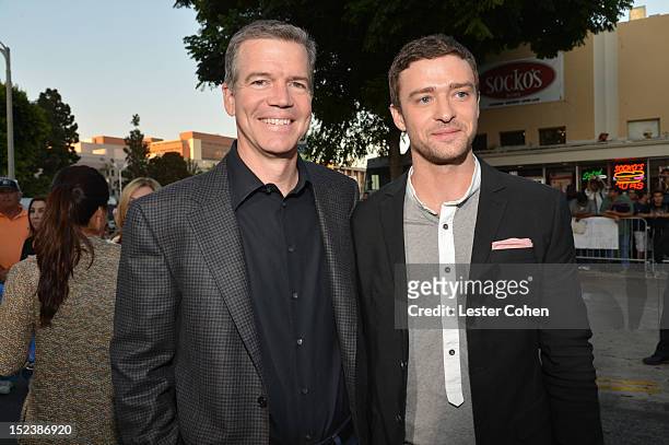 Director/Producer Robert Lorenz and Actor Justin Timberlake arrive at Warner Bros. Pictures' "Trouble With The Curve" premiere at Regency Village...