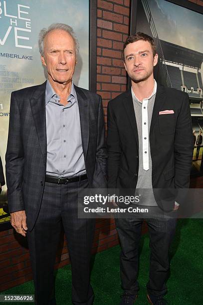 Actor/Producer Clint Eastwood and actor Justin Timberlake arrive at Warner Bros. Pictures' "Trouble With The Curve" premiere at Regency Village...