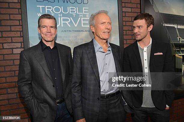 Director/Producer Robert Lorenz, actor/producer Clint Eastwood and Actor Justin Timberlake arrive at Warner Bros. Pictures' "Trouble With The Curve"...