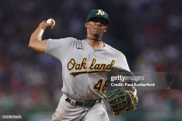 Luis Medina of the Oakland Athletics delivers a pitch during the sixth inning against the Boston Red Sox at Fenway Park on July 07, 2023 in Boston,...