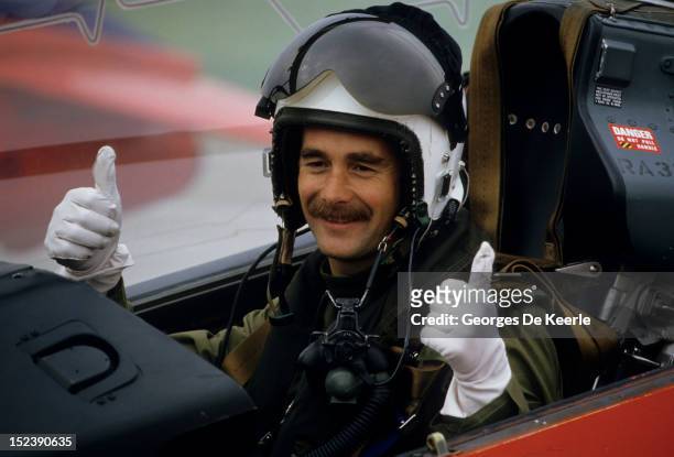 British racing driver Nigel Mansell after a flight with the Red Arrows aerobatic display team in UK on September 13, 1986.