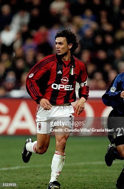 Paolo Maldini of AC Milan in action during the Serie A match against Internazionale at the San Siro in Milan, Italy. Internazionale won the match...