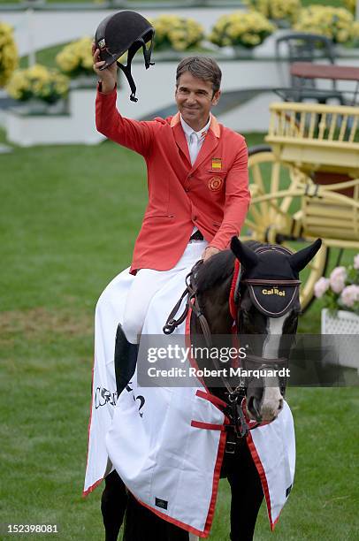 Jesus Garmendia of Spain takes 1st place during the first competition of the CSIO Barcelona 2012 at the Real Club de Polo de Barcelona on September...