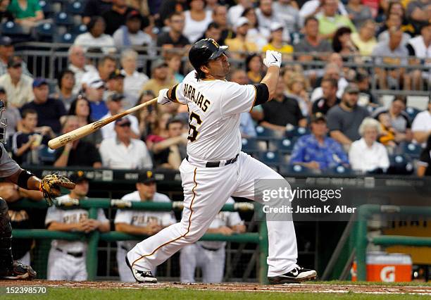 Rod Barajas of the Pittsburgh Pirates bats against the Houston Astros during the game on September 5, 2012 at PNC Park in Pittsburgh, Pennsylvania.
