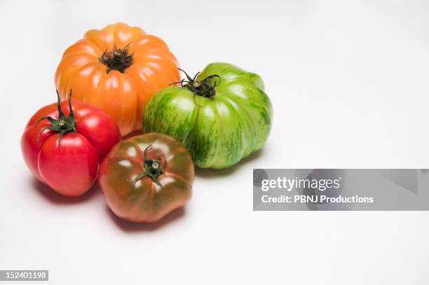 four colorful tomatoes - tomate freisteller stock-fotos und bilder