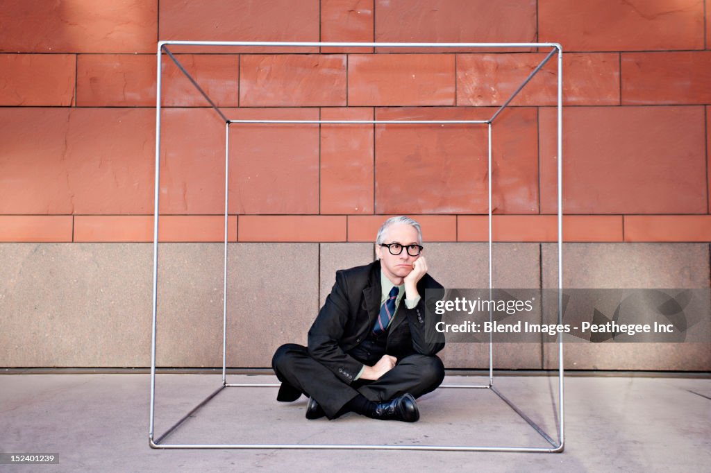 Caucasian businessman sitting inside of box