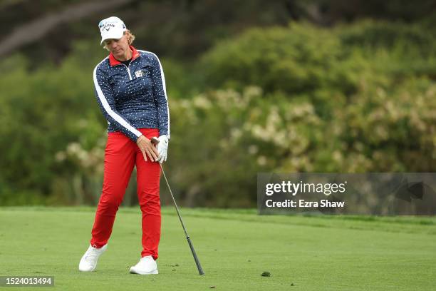 Annika Sorenstam of Sweden reacts to her second shot on the 16th hole during the second round of the 78th U.S. Women's Open at Pebble Beach Golf...