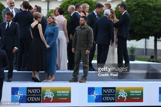 Ukrainian President Volodymyr Zelenskiy and his wife, the First Lady of Ukraine Olena Zelenska participate in a family photo before a dinner hosted...