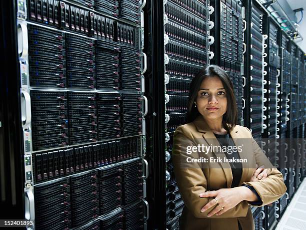 indian businesswoman standing in server room - mainframe stock pictures, royalty-free photos & images