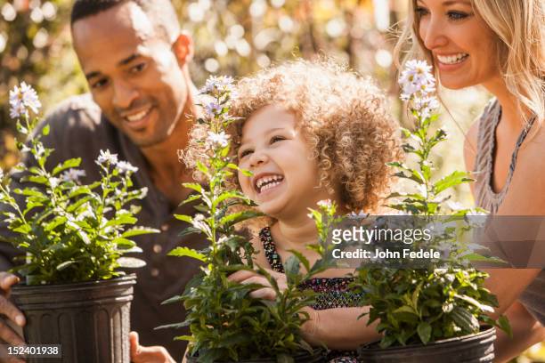 family looking at plants - missouri mittlerer westen stock-fotos und bilder