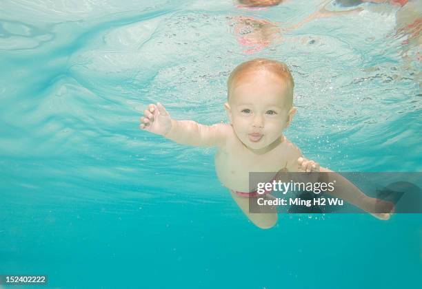 caucasian baby swimming underwater - baby swim imagens e fotografias de stock