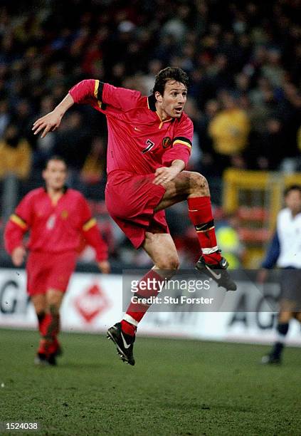 Marc Wilmots of Belgium shoots during the International Friendly match against Portugal at Charleroi Stadium in Brussels, Belgium. The match was...