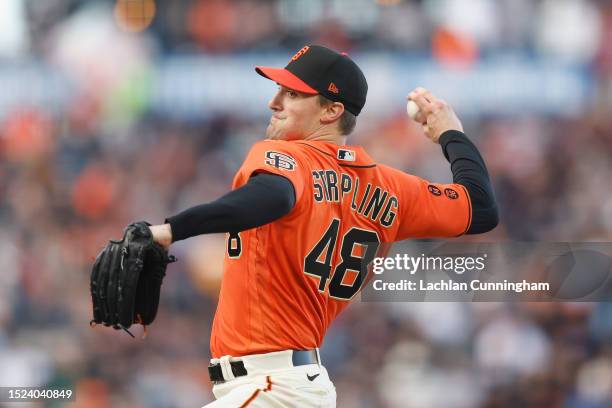 Ross Stripling of the San Francisco Giants pitches in the top of the first inning against the Colorado Rockies at Oracle Park on July 07, 2023 in San...