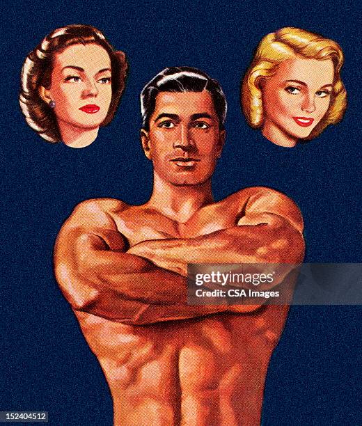 muscle man thinking about two women - machos 幅插畫檔、美工圖案、卡通及圖標