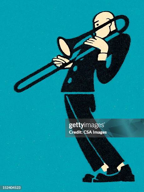 illustrazioni stock, clip art, cartoni animati e icone di tendenza di uomo suona trombone - trombone