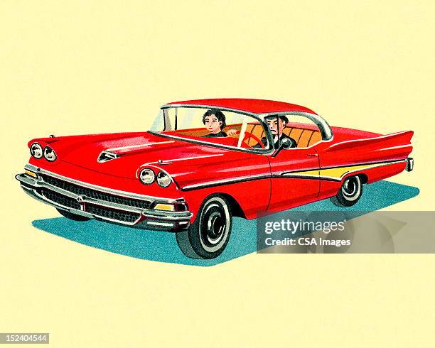 illustrations, cliparts, dessins animés et icônes de couple conduite en voiture d'époque - couple conduire voiture