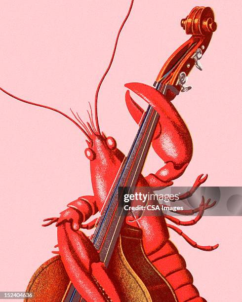 ilustraciones, imágenes clip art, dibujos animados e iconos de stock de langosta jugando un contrabajo - musical instrument string