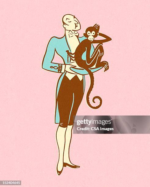 distinguished man holding monkey - monkey tail stock illustrations