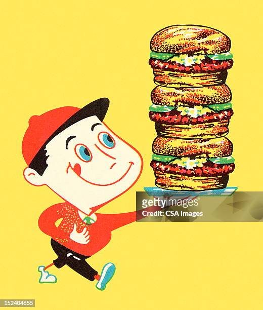 stockillustraties, clipart, cartoons en iconen met boy holding stack of hamburgers - striding