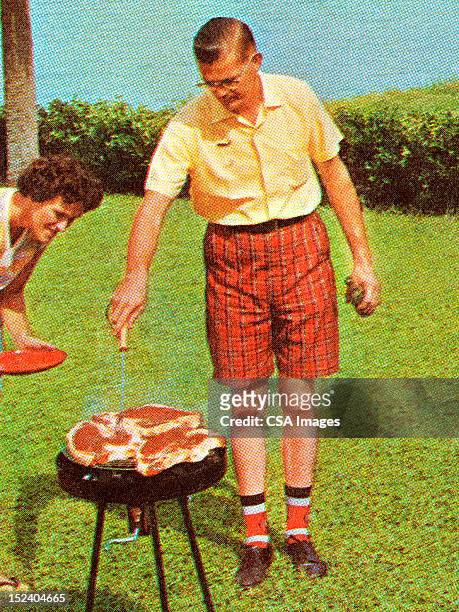 man grilling steaks - family at a picnic stock illustrations