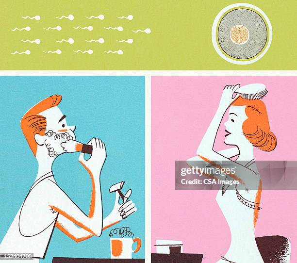 stockillustraties, clipart, cartoons en iconen met man and woman primping and sperm and egg - shaving cream
