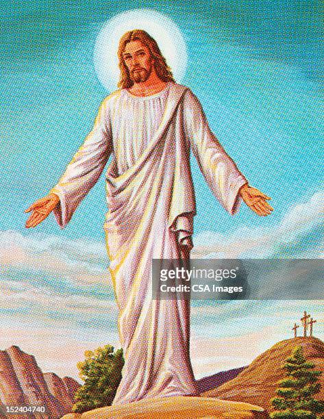 ilustraciones, imágenes clip art, dibujos animados e iconos de stock de resurrected jesus - aureola