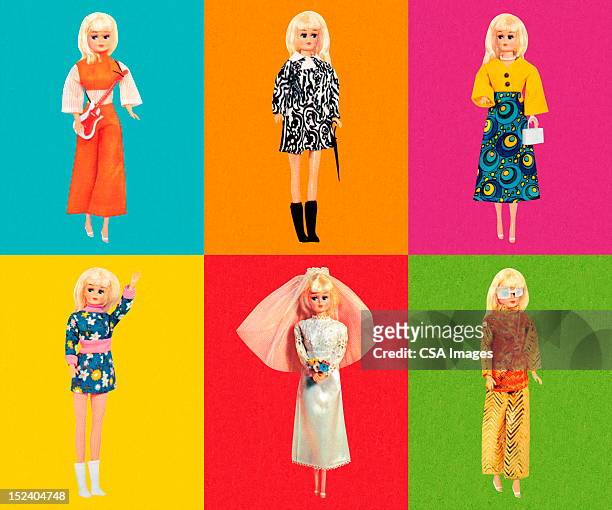 bildbanksillustrationer, clip art samt tecknat material och ikoner med fashion doll wearing six different outfits - doll