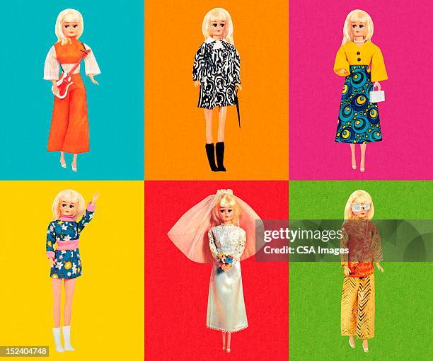 fashion doll wearing six different outfits - vintage clothing stock illustrations