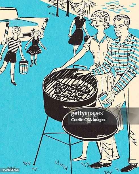 outdoor barbecue - couple making dinner stock illustrations