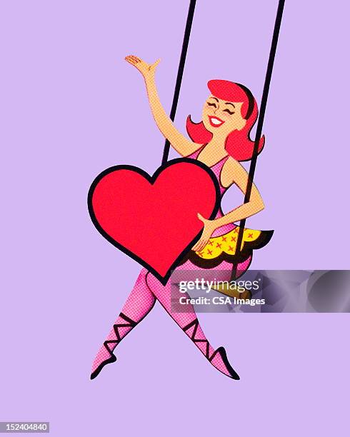 acrobat on swing holding a heart - circus trapeze stock illustrations