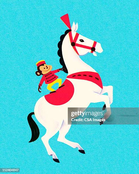 circus monkey riding a horse - animal performing stock illustrations