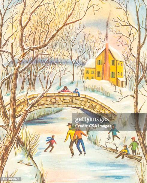winter ice skating scene - winter skating stock illustrations