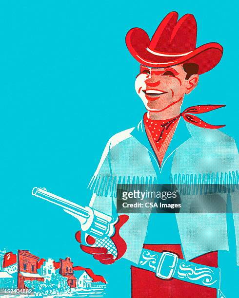 smiling cowboy holding gun - old west town stock illustrations