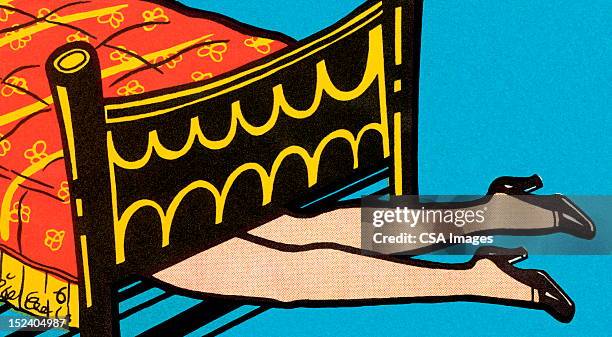ilustraciones, imágenes clip art, dibujos animados e iconos de stock de piernas de la mujer en la cama - tacones altos
