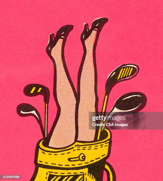 woman's legs in golf bag - funny-golf-cartoons stock illustrations
