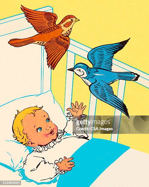 ilustrações de stock, clip art, desenhos animados e ícones de pássaros voar sobre bebé de berço - deitado de costas