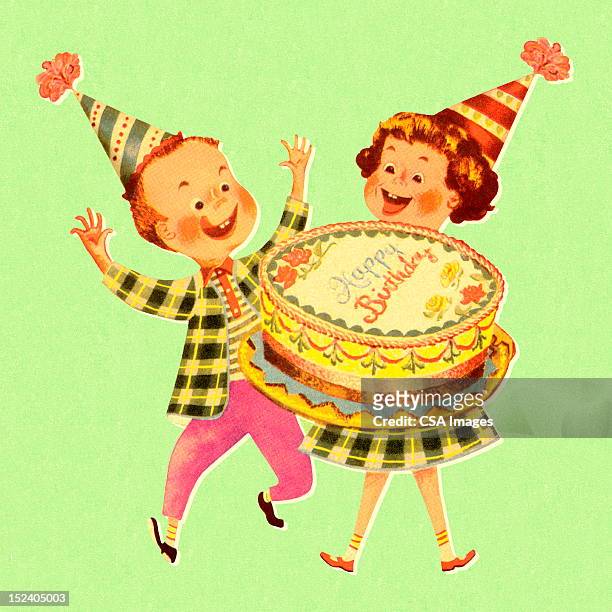 ilustraciones, imágenes clip art, dibujos animados e iconos de stock de niño y niña con pastel de cumpleaños - happy birthday vintage