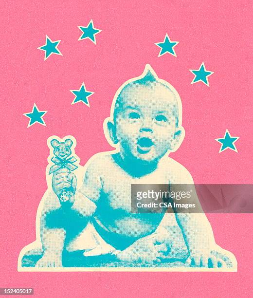 baby mit sternen - toy rattle stock-grafiken, -clipart, -cartoons und -symbole