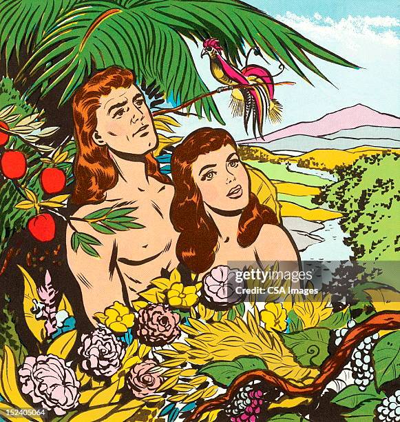 ilustraciones, imágenes clip art, dibujos animados e iconos de stock de adam y eve en el jardín - el jardín del edén