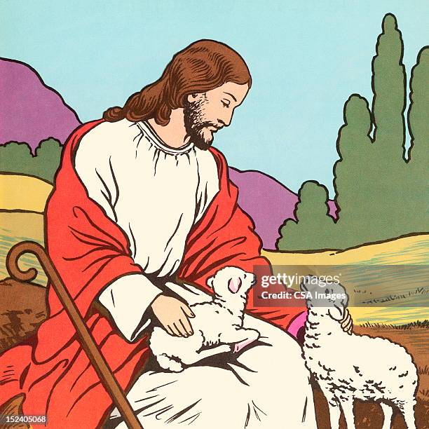 ilustraciones, imágenes clip art, dibujos animados e iconos de stock de jesús con dos lambs - pastor de ovejas