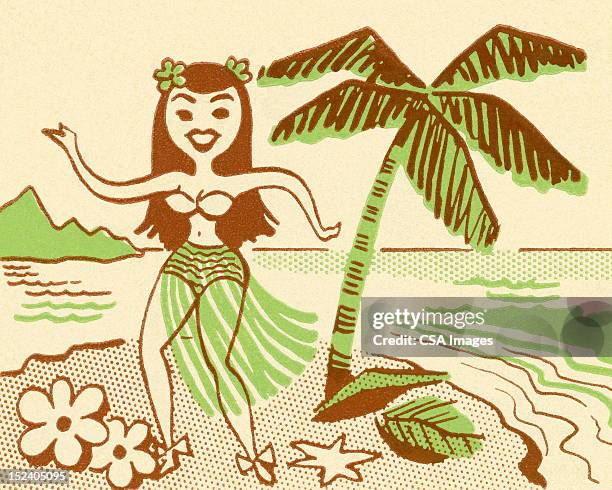 hula girl next to palm tree - grass skirt stock illustrations