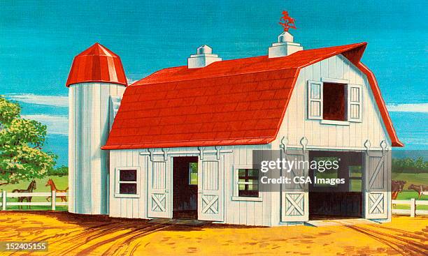 white and red barn - red barn stock illustrations