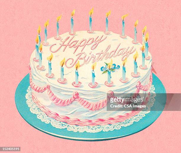 ilustraciones, imágenes clip art, dibujos animados e iconos de stock de pastel de cumpleaños con velas - happy birthday vintage