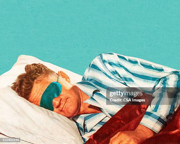 sleeping mann mit augen-maske - schlafen stock-grafiken, -clipart, -cartoons und -symbole