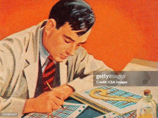 illustrations, cliparts, dessins animés et icônes de scientifique travaillant au bureau - one mid adult man only stock illustrations